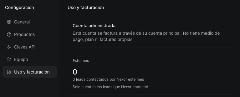 Uso y facturación de una subcuenta, con Cuenta administrada y los leads contactados este mes.