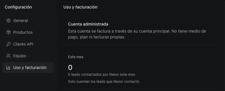 Uso y facturación de una subcuenta, con Cuenta administrada y los leads contactados este mes.