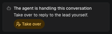 Details card: The agent is handling this conversation, with the Take over button.