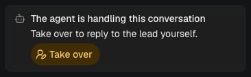 Details card: The agent is handling this conversation, with the Take over button.
