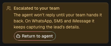 Details card: Escalated to your team, with the Return to agent button.