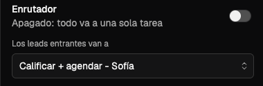 El bloque Enrutador apagado, con la tarea que recibe todos los leads entrantes seleccionada.