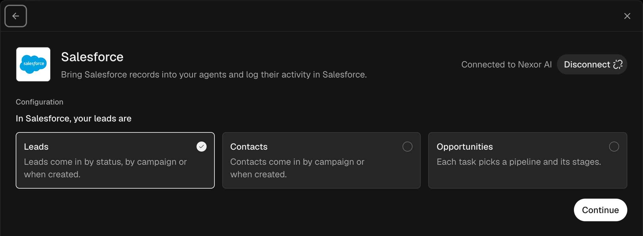 The choice between Leads, Contacts, and Opportunities after connecting.