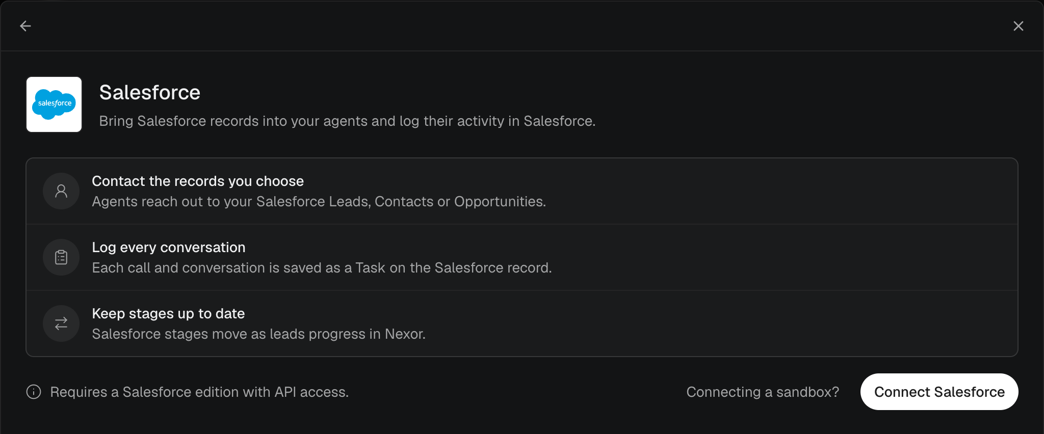 The Salesforce page before connecting, with the Connect Salesforce button.