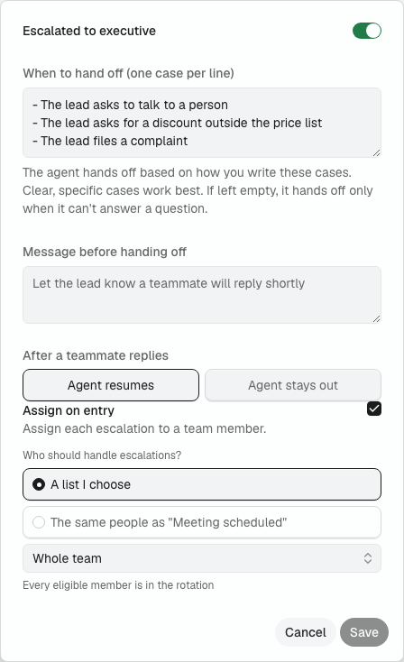 Escalated to executive stage settings: Assign on entry is checked, and Who should handle escalations? shows the members dropdown set to Whole team.