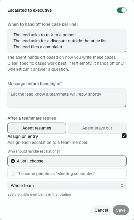 Escalated to executive stage settings: Assign on entry is checked, and Who should handle escalations? shows the members dropdown set to Whole team.