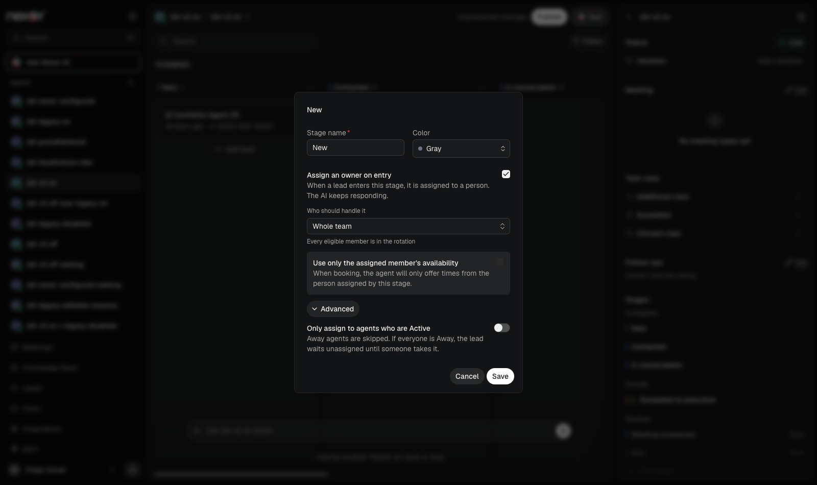 Stage settings with Advanced open and the Only assign to agents who are Active switch
