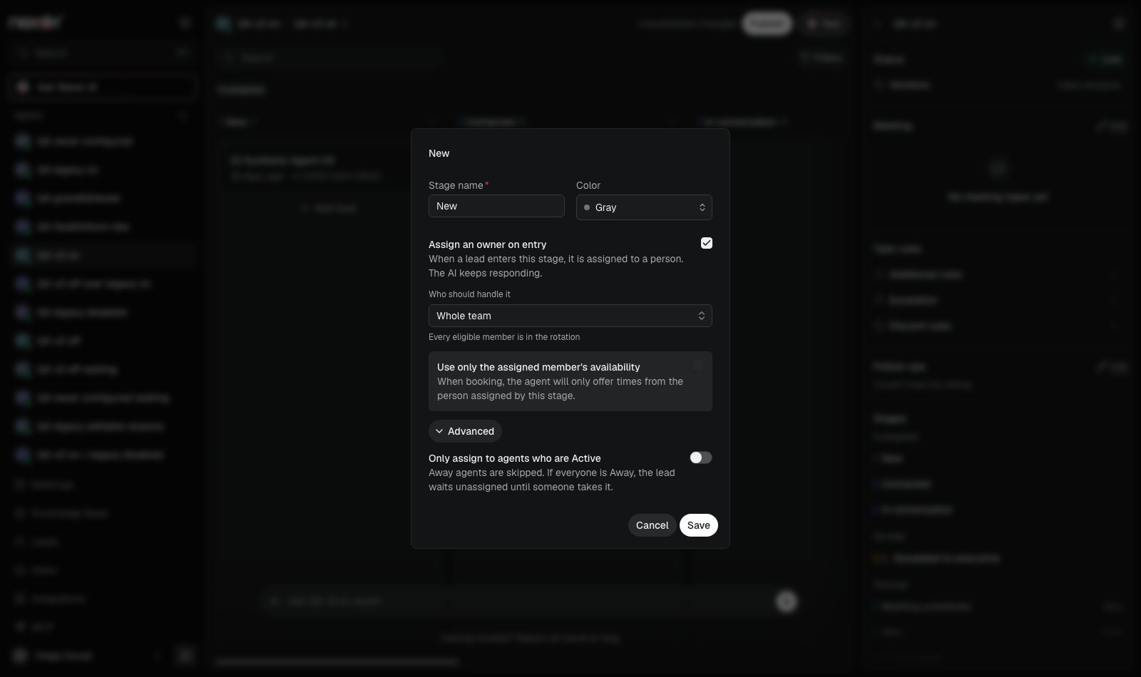Stage settings with Advanced open and the Only assign to agents who are Active switch