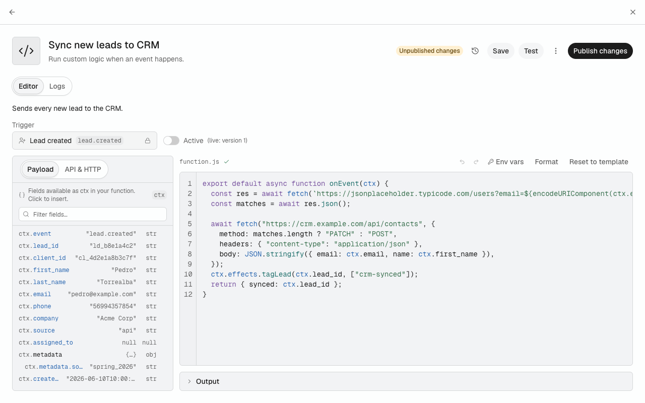 The Cloud Function editor with Unpublished changes, the Version history button, and Save, Test, and Publish changes.