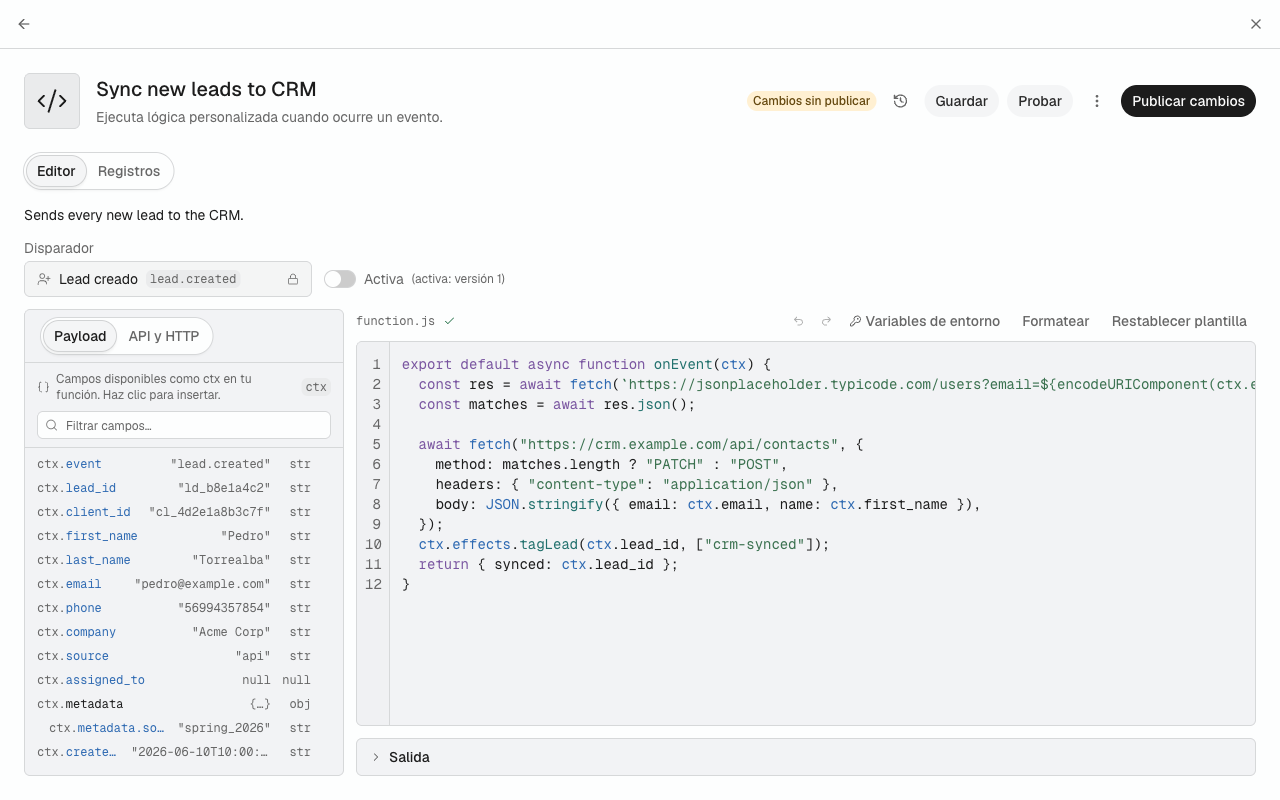 El editor de la Cloud Function con Cambios sin publicar, el botón Historial de versiones y Guardar, Probar y Publicar cambios.