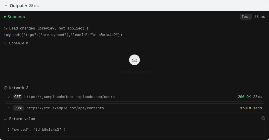 A test result with a GET request that was sent, a POST request marked Would send, and lead changes marked preview, not applied.