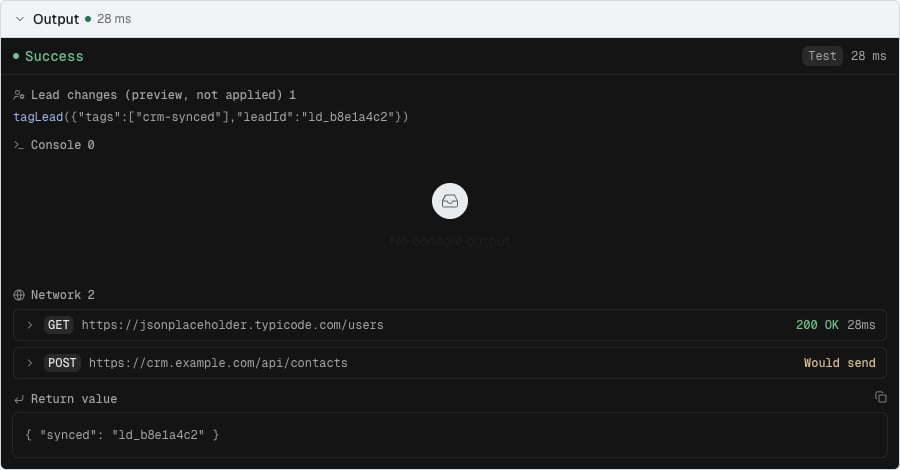 A test result with a GET request that was sent, a POST request marked Would send, and lead changes marked preview, not applied.