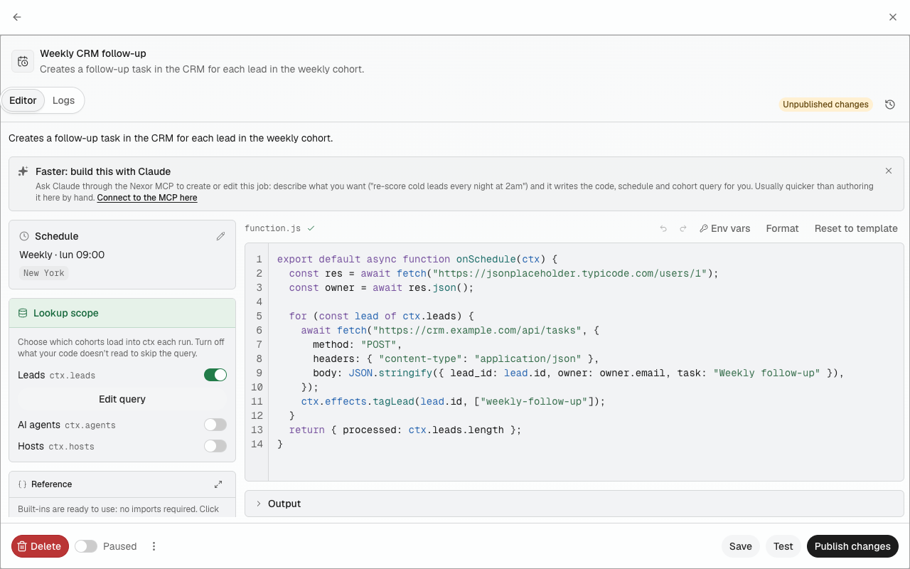The Scheduled Function editor with Unpublished changes in the header, and Save, Test, and Publish changes in the footer.