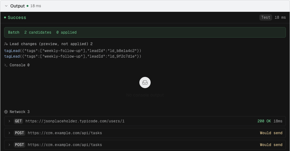 A test result with a GET request that was sent, a POST request marked Would send, and lead changes marked preview, not applied.
