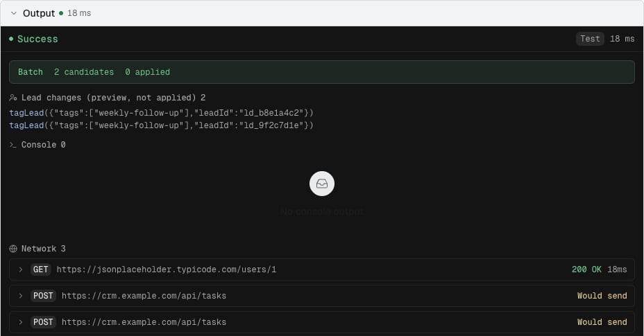 A test result with a GET request that was sent, a POST request marked Would send, and lead changes marked preview, not applied.