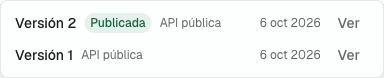 El Historial de versiones con la versión publicada y una versión anterior, cada una con quién la publicó, la fecha y Ver.