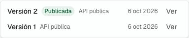 El Historial de versiones con la versión publicada y una versión anterior, cada una con quién la publicó, la fecha y Ver.
