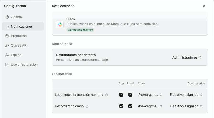 Ventana de Configuración, pestaña Notificaciones: el canal de entrega Slack marcado como Conectado, y las filas de Escalaciones con un canal de Slack elegido en la columna Slack para Lead necesita atención humana y Recordatorio diario.