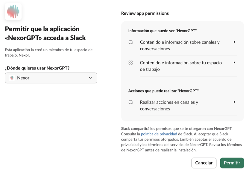 Pantalla de Slack Permitir que la aplicación «NexorGPT» acceda a Slack: el selector ¿Dónde quieres usar NexorGPT? con el espacio de trabajo, la información que NexorGPT puede ver y las acciones que puede realizar, y los botones Cancelar y Permitir.