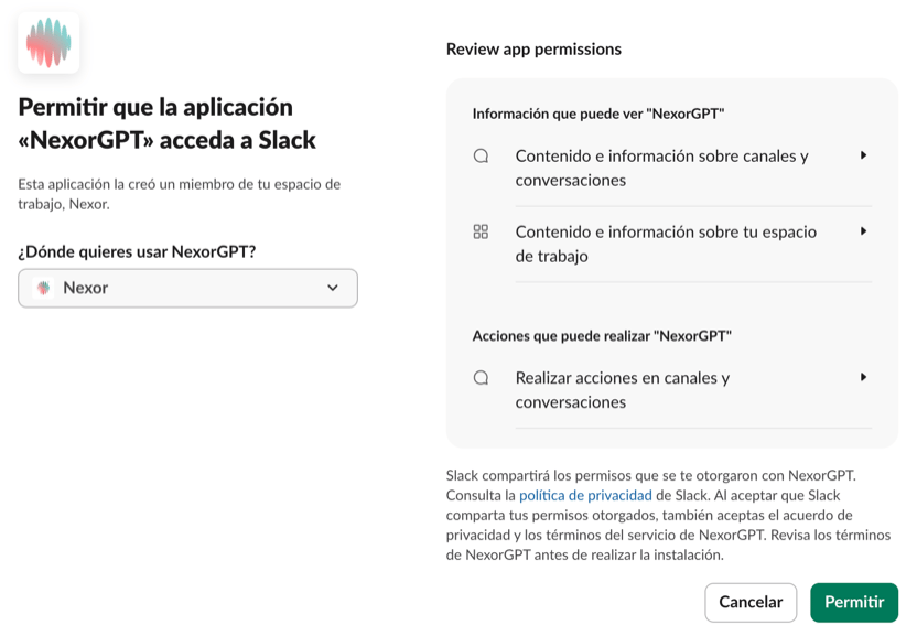 Pantalla de Slack Permitir que la aplicación «NexorGPT» acceda a Slack: el selector ¿Dónde quieres usar NexorGPT? con el espacio de trabajo, la información que NexorGPT puede ver y las acciones que puede realizar, y los botones Cancelar y Permitir.