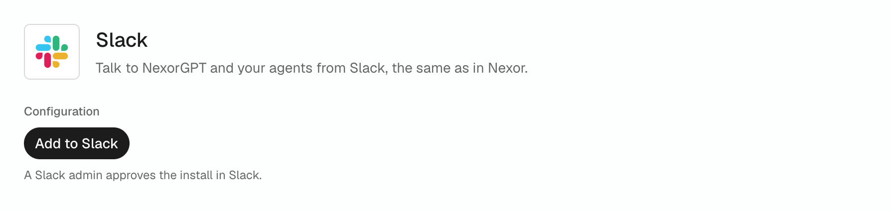 Slack page in Nexor before connecting: the Add to Slack button under Configuration.