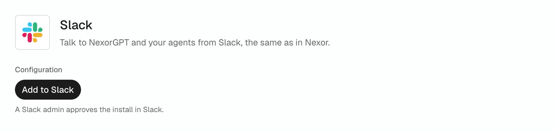 Slack page in Nexor before connecting: the Add to Slack button under Configuration.