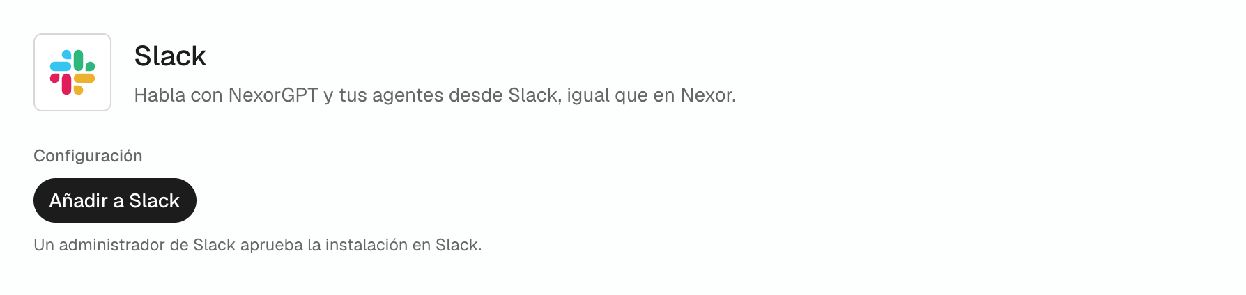 Página de Slack en Nexor antes de conectar: el botón Añadir a Slack en Configuración.