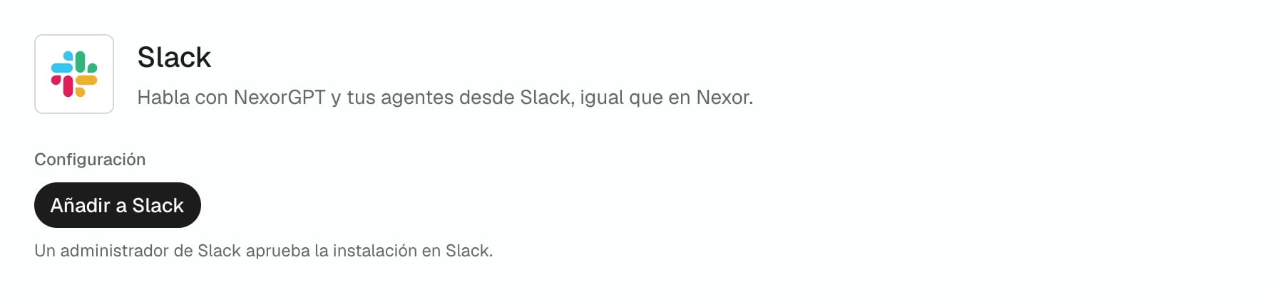 Página de Slack en Nexor antes de conectar: el botón Añadir a Slack en Configuración.