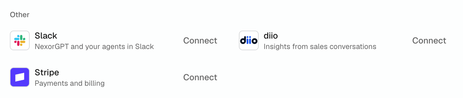 Integrations page, Other group: the Slack card with the description NexorGPT and your agents in Slack and its Connect button.