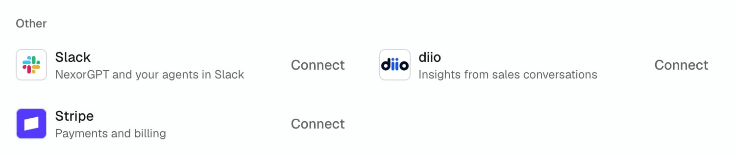 Integrations page, Other group: the Slack card with the description NexorGPT and your agents in Slack and its Connect button.