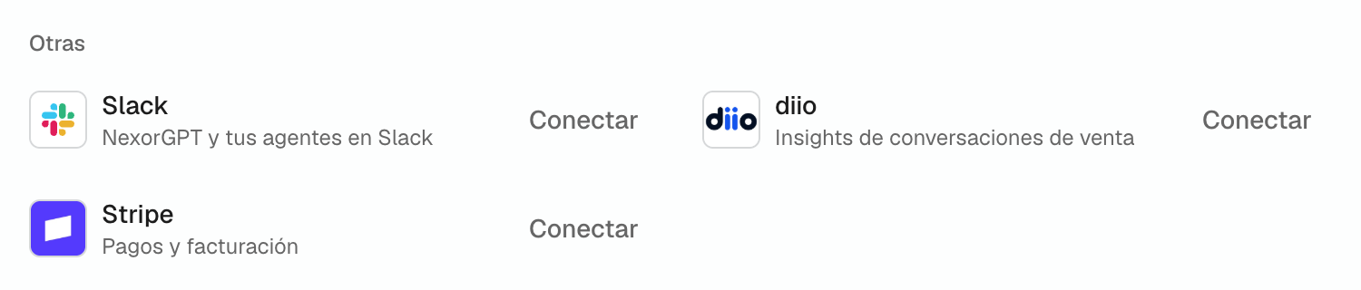 Página Integraciones, grupo Otras: la tarjeta de Slack con la descripción NexorGPT y tus agentes en Slack y su botón Conectar.