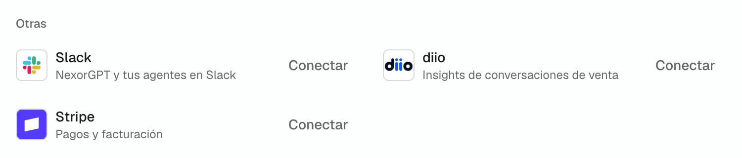 Página Integraciones, grupo Otras: la tarjeta de Slack con la descripción NexorGPT y tus agentes en Slack y su botón Conectar.