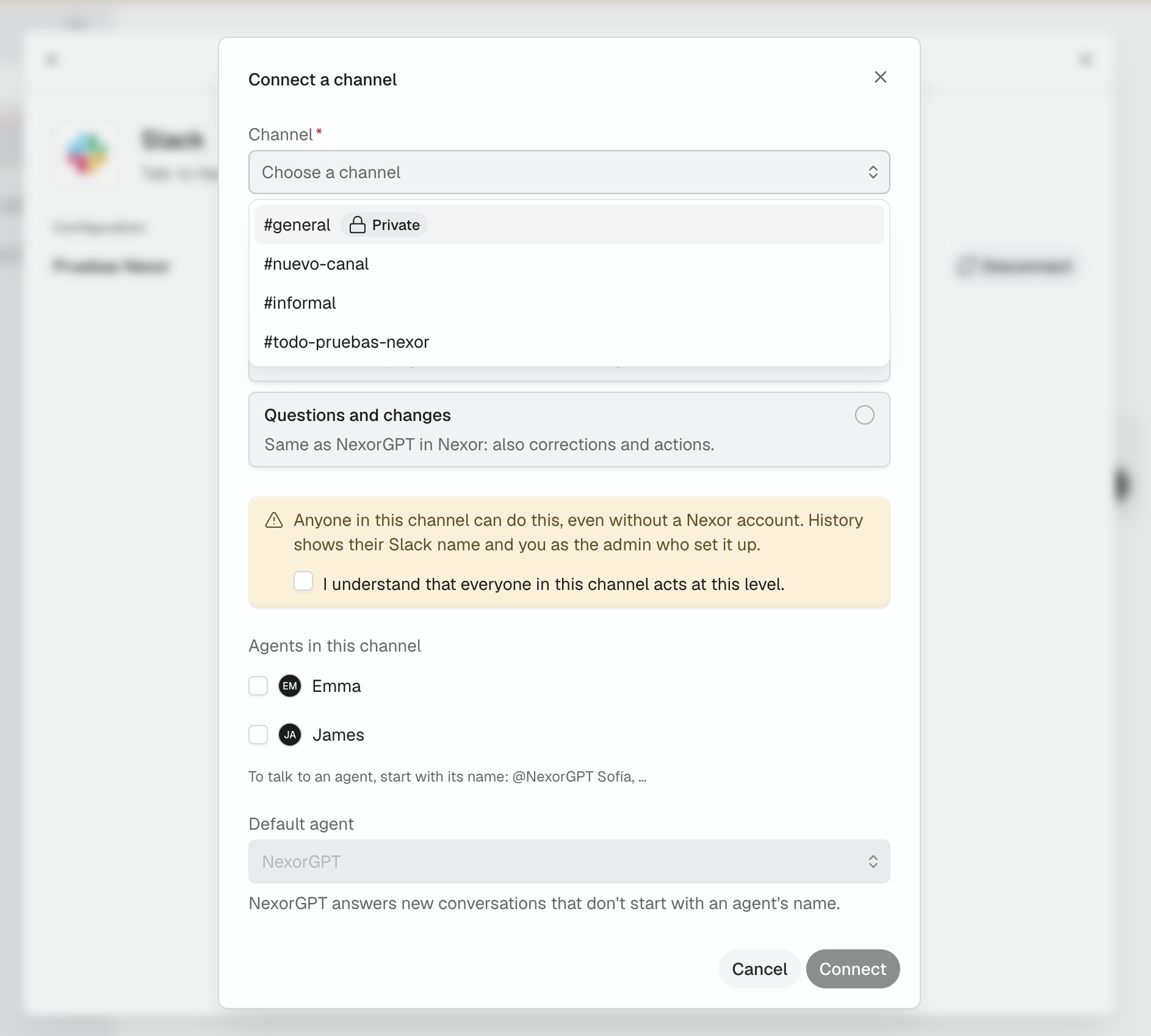 Connect a channel dialog with the channel list open: #general marked Private (it appears after /invite @NexorGPT), other public channels, the access level, the confirmation checkbox, the agents in this channel and the default agent.