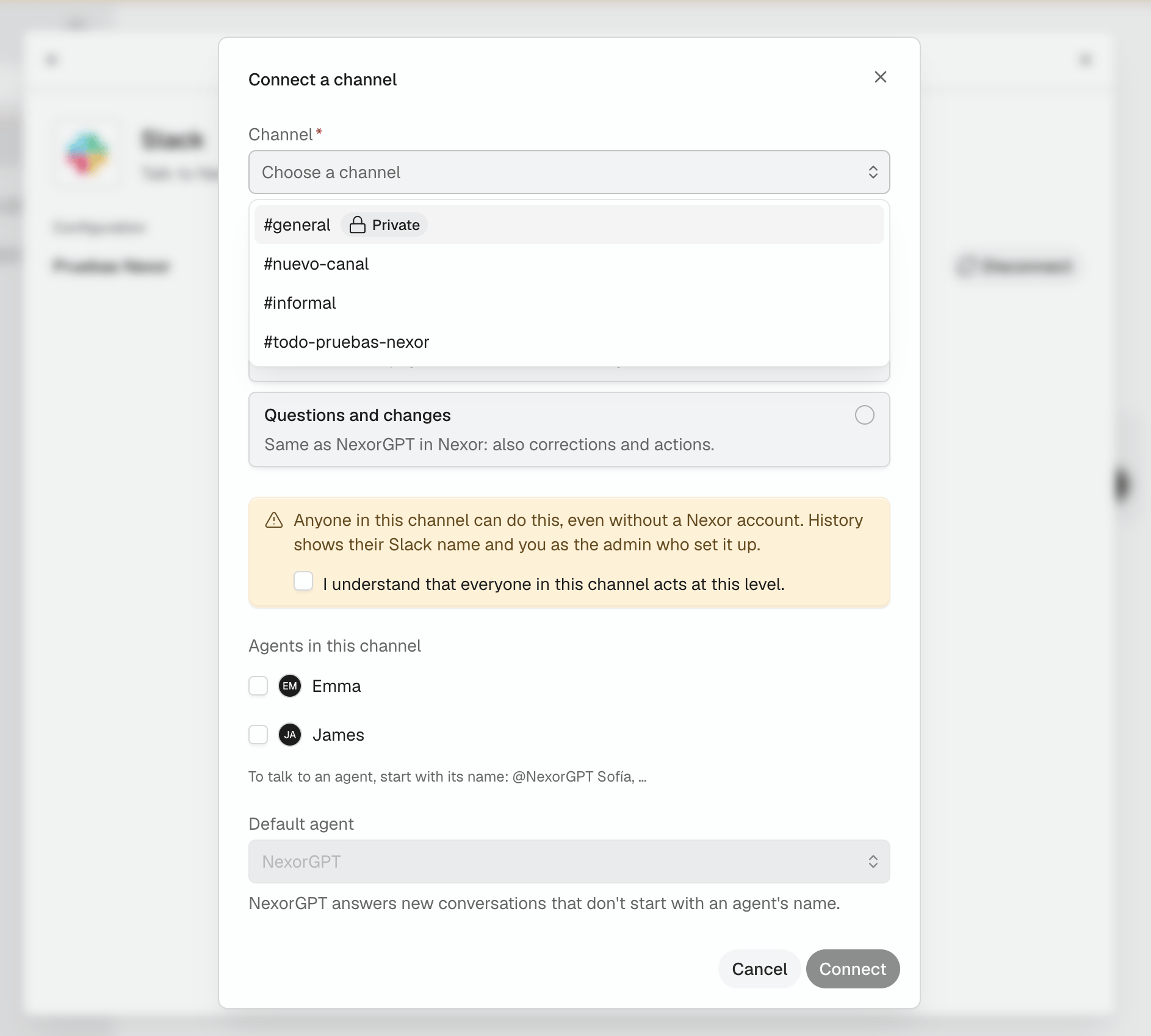 Connect a channel dialog with the channel list open: #general marked Private (it appears after /invite @NexorGPT), other public channels, the access level, the confirmation checkbox, the agents in this channel and the default agent.