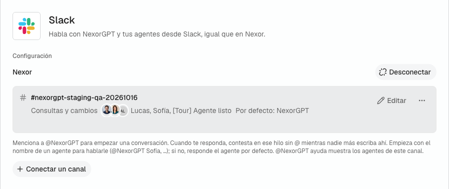 Página de Slack en Nexor con el espacio de trabajo de Slack conectado y el botón Desconectar, un canal ya conectado con su nivel Consultas y cambios y sus agentes, la indicación para mencionar a @NexorGPT y el botón Conectar un canal.