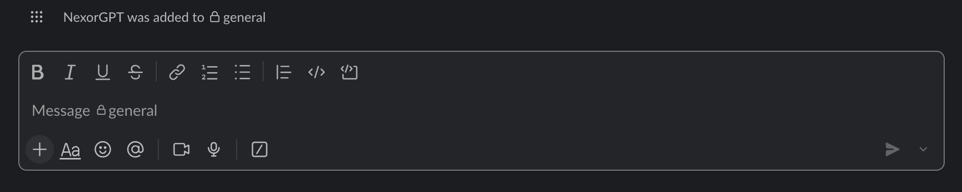 Slack confirmation in the private channel: NexorGPT was added to general.