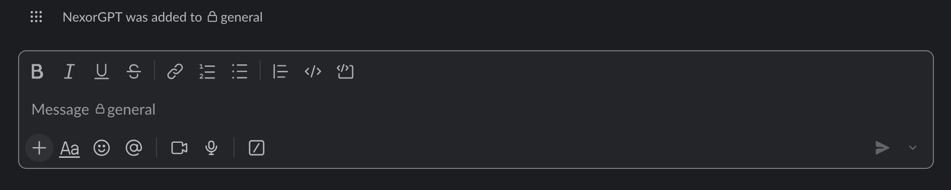 Slack confirmation in the private channel: NexorGPT was added to general.