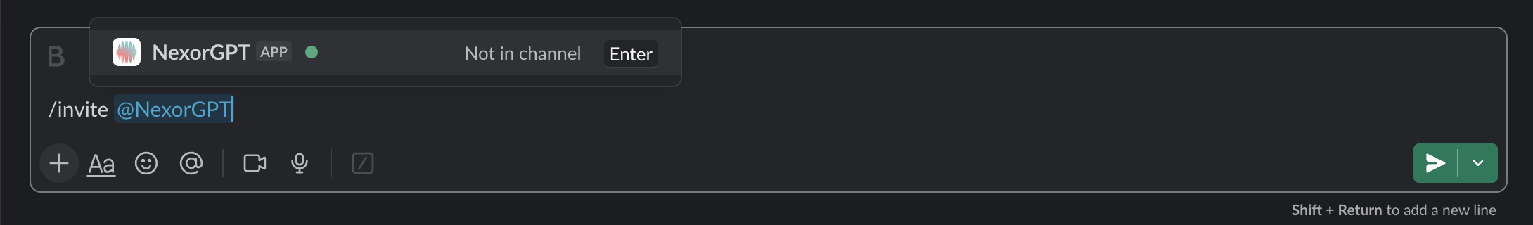 Slack message box in a private channel with /invite @NexorGPT typed and NexorGPT suggested as Not in channel.