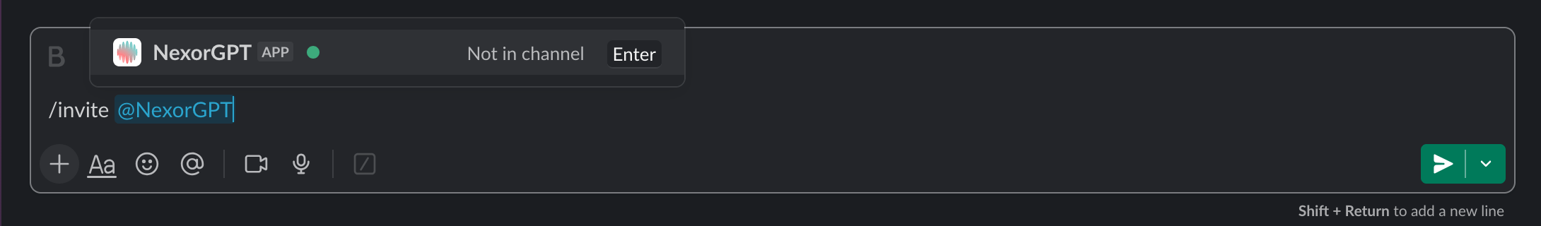 Slack message box in a private channel with /invite @NexorGPT typed and NexorGPT suggested as Not in channel.