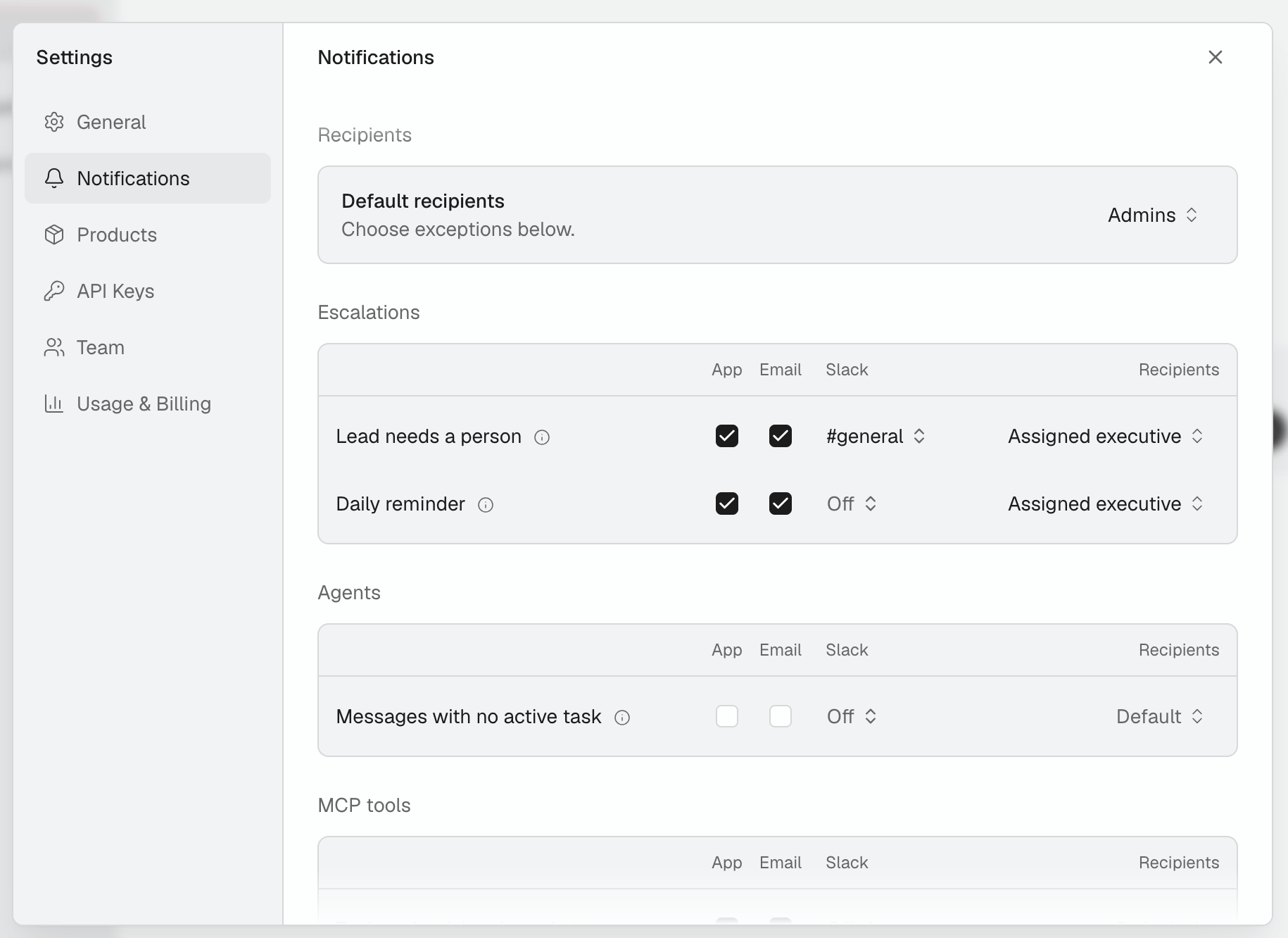 Settings window, Notifications tab, Escalations: Lead needs a person with App and Email checked and #general chosen in the Slack column.