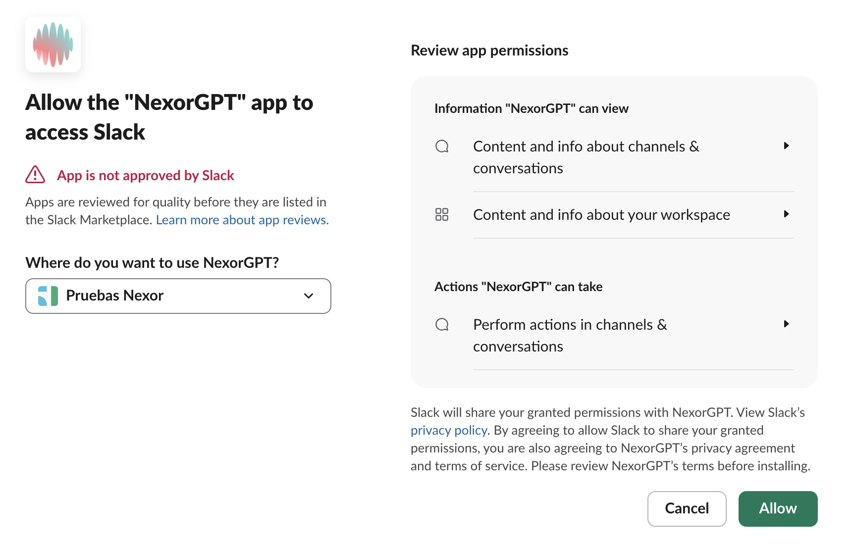Slack screen Allow the NexorGPT app to access Slack: the App is not approved by Slack warning, the Where do you want to use NexorGPT? selector with the workspace, the permissions NexorGPT asks for, and the Cancel and Allow buttons.