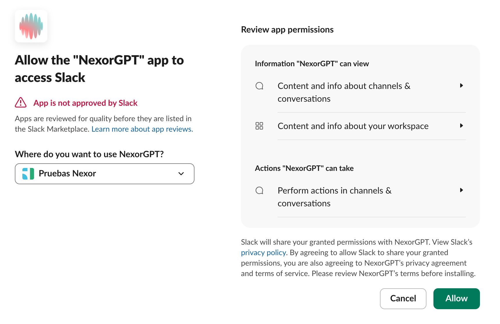 Slack screen Allow the NexorGPT app to access Slack: the App is not approved by Slack warning, the Where do you want to use NexorGPT? selector with the workspace, the permissions NexorGPT asks for, and the Cancel and Allow buttons.