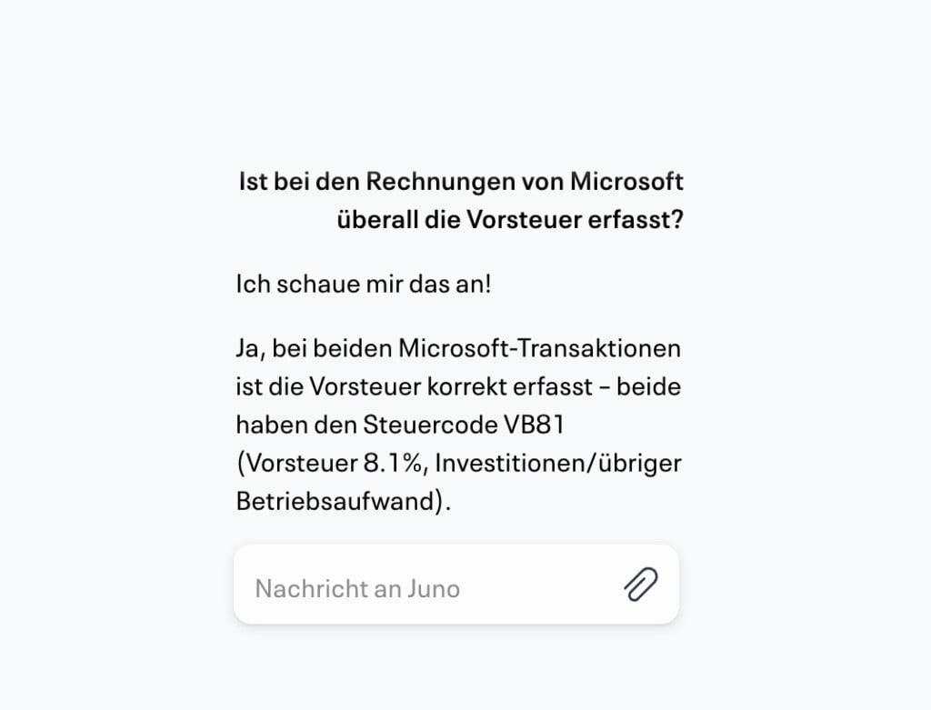 Juno bestätigt die korrekte Erfassung der Vorsteuer bei zwei Microsoft-Transaktionen