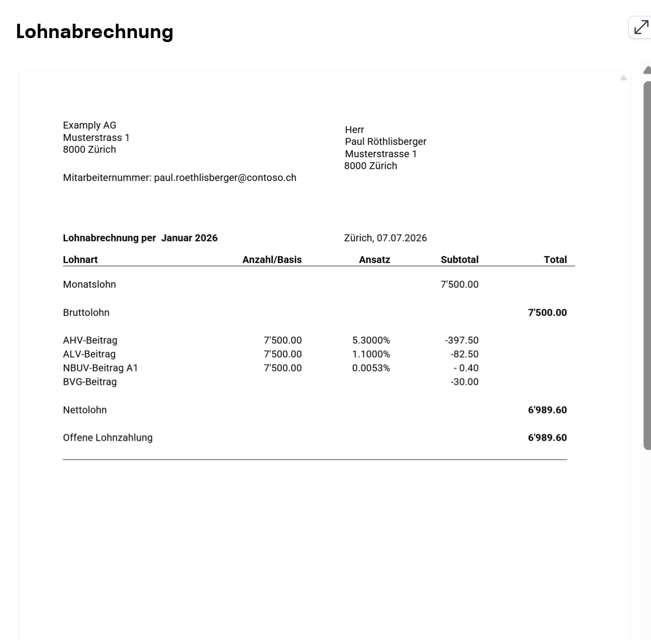 Beispiel einer generierten Lohnabrechnung