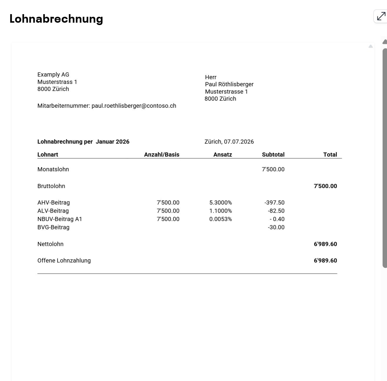 Beispiel einer generierten Lohnabrechnung