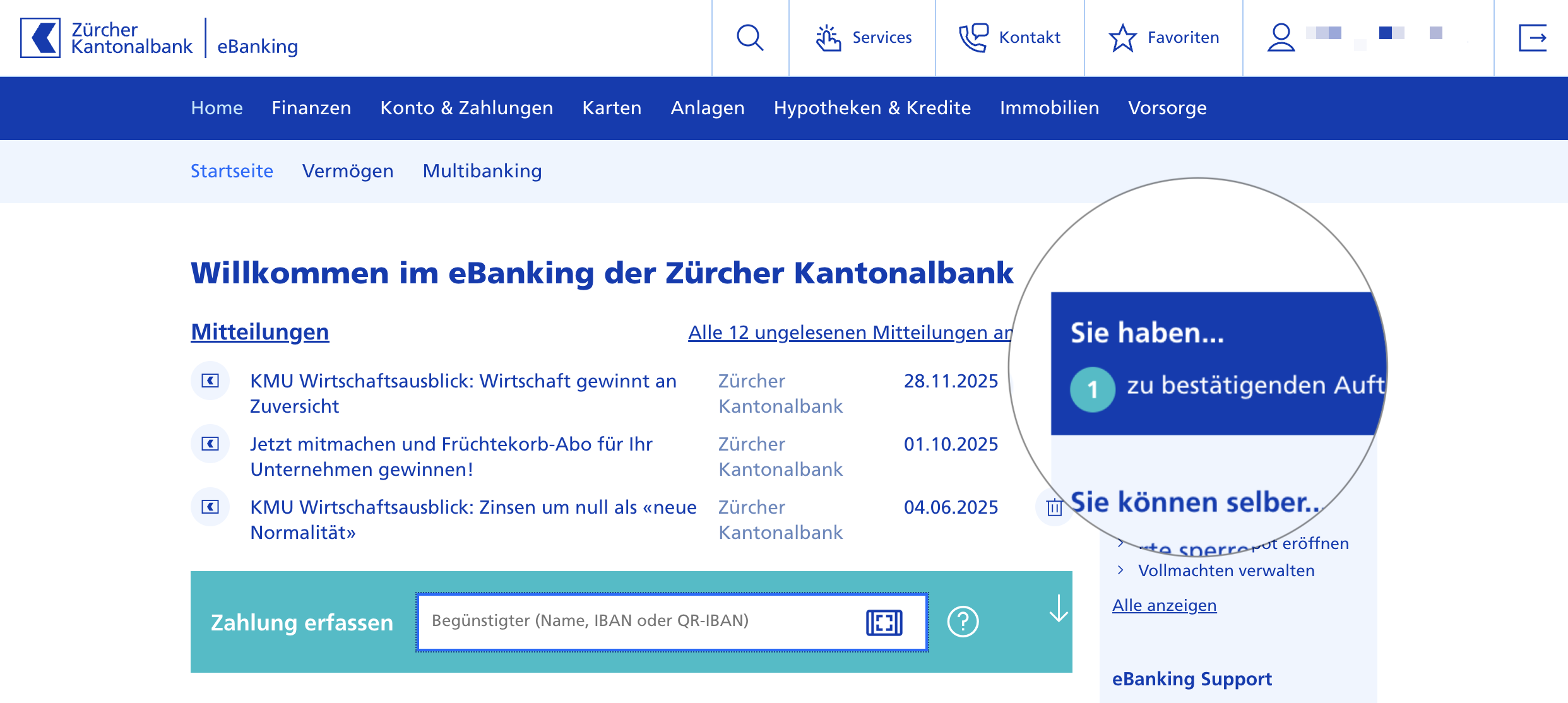 Beispiel eines Live Payment im ZKB E-Banking («Sie haben 1 zu bestätigenden Auftrag» auf der Startseite)