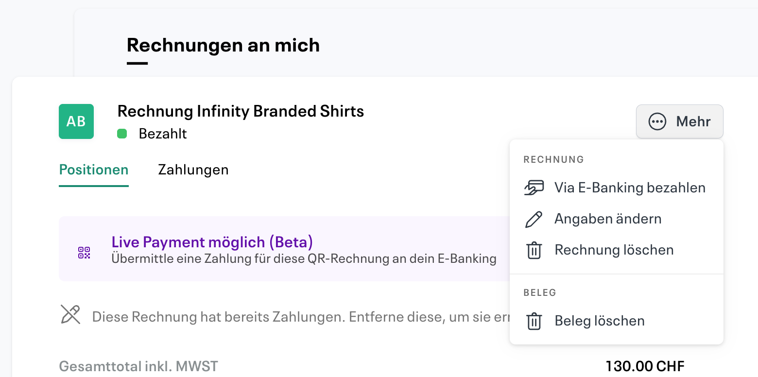 Beleg aus einer Rechnung löschen