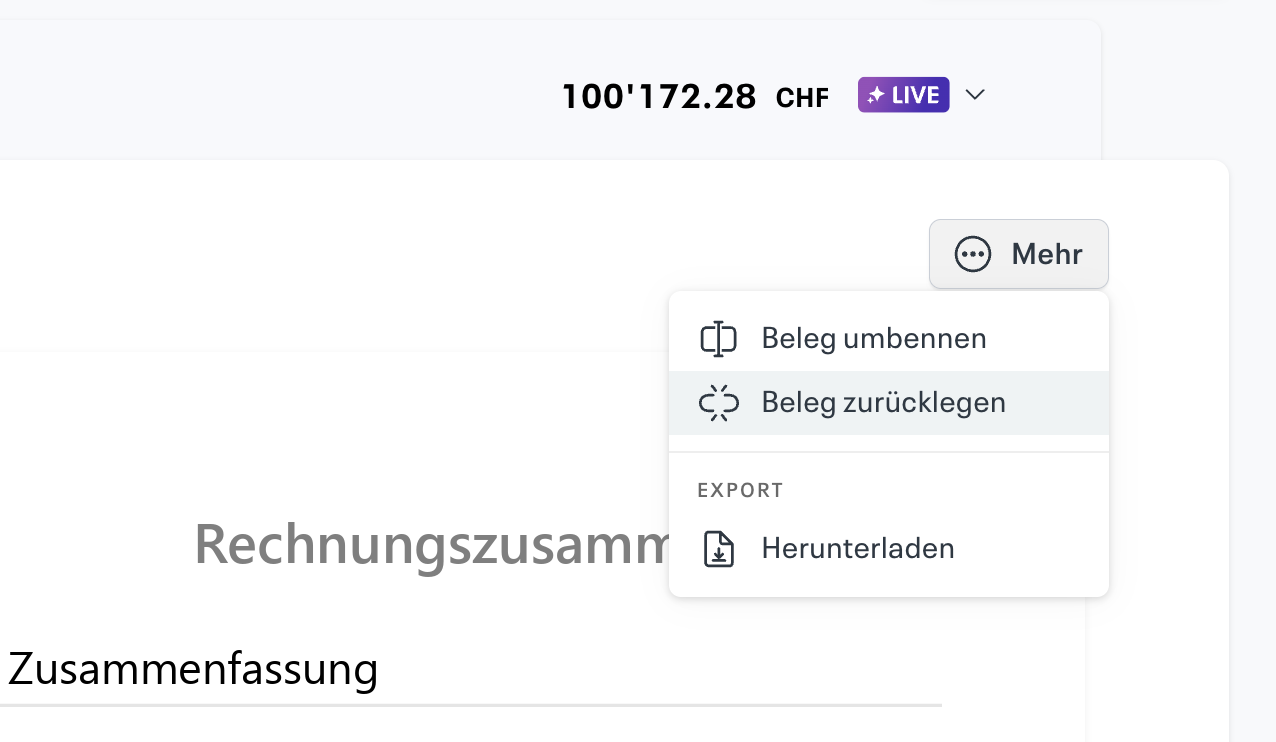 Beleg aus einer Buchung zurücklegen