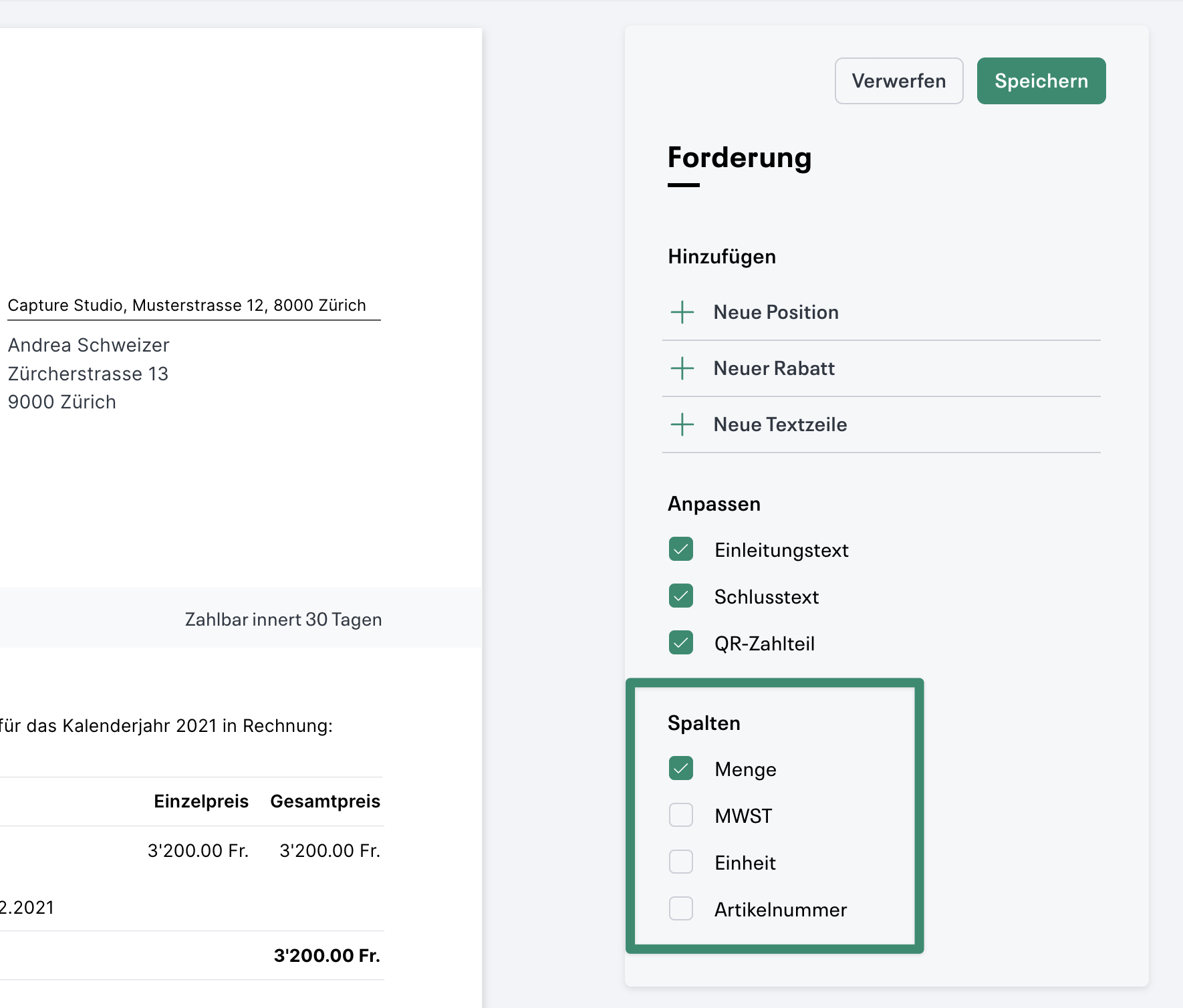 Dokumentoptionen in der Seitenleiste