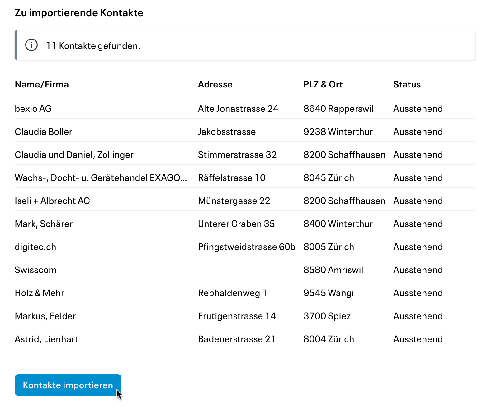 Kontakte in Infinity importieren